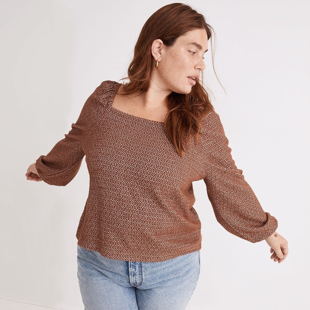 Madewell Brown Patterned Square-Neck Long-Sleeve Top